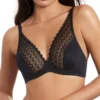 Sutiã preto sem enchimento, com decote em V profundo e detalhes sofisticados em renda delicada no busto. Modelo elegante e confortável, com acabamento texturizado.