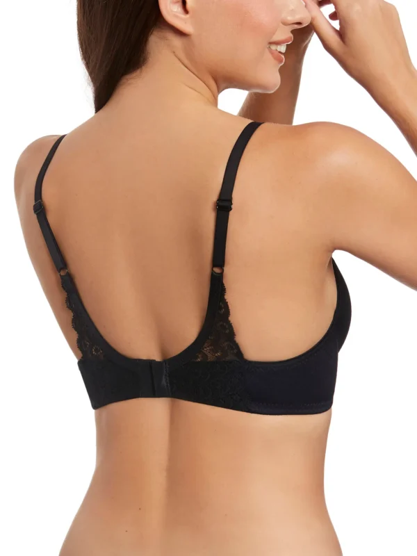 Sutiã preto sem enchimento visto por trás, com detalhes sofisticados em renda nas costas. Alças ajustáveis e fecho para ajuste confortável.