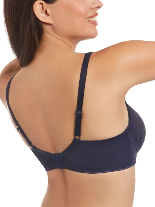 Vista traseira de sutiã azul estampado com fecho nas costas, alças ajustáveis e laterais largas para maior conforto e suporte diário.