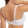 Costas de sutiã branco com fecho e alças ajustáveis, laterais largas em tecido estampado que oferecem suporte e conforto diário.