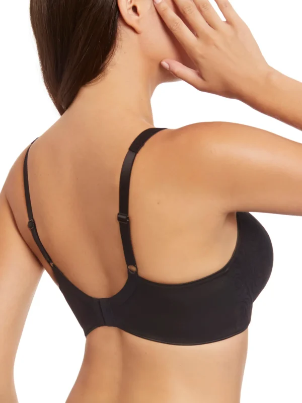 Costas de sutiã preto estampado, sem enchimento, com alças ajustáveis e fecho traseiro que proporciona firmeza e elegância ao vestir.