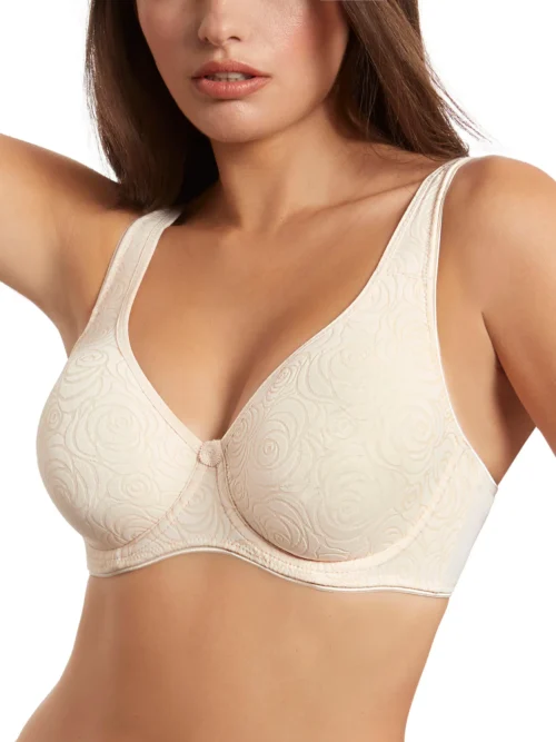 Frente de sutiã rosa claro com estampa floral em relevo, sem enchimento, com aro e decote em V, ideal para suporte e conforto prolongado.