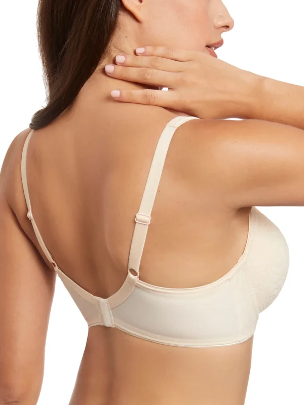 Vista traseira de sutiã rosa com padrão floral, alças ajustáveis e fecho duplo, oferecendo suporte confortável com acabamento elegante.