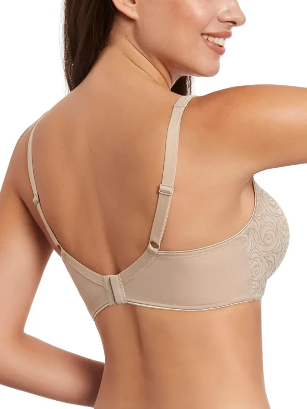 Vista traseira de sutiã em tecido estampado cor terra, com alças reguláveis, fecho posterior e suporte lateral largo para melhor ajuste.