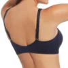 Vista traseira do sutiã azul sem enchimento, com tecido estampado, alças ajustáveis e fecho, ideal para conforto e suporte diário inclusivo.