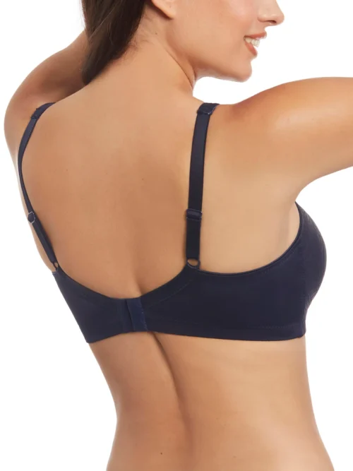 Vista traseira do sutiã azul sem enchimento, com tecido estampado, alças ajustáveis e fecho, ideal para conforto e suporte diário inclusivo.