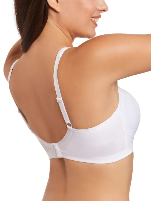 Vista traseira do sutiã branco sem aros e sem enchimento, com tecido estampado, alças reguláveis e laterais largas para suporte confortável.