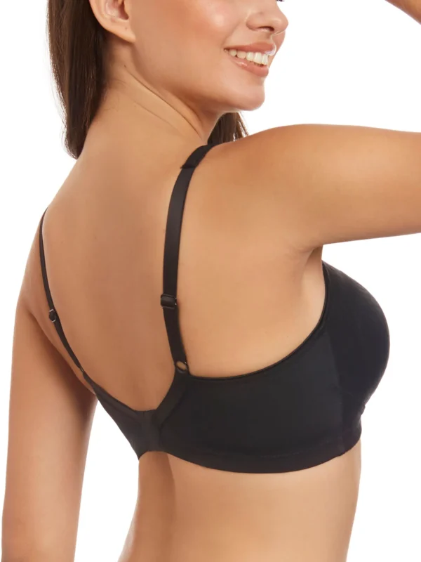Vista traseira do sutiã preto sem aros e sem enchimento, com alças finas ajustáveis e laterais largas que garantem suporte e conforto inclusivo.