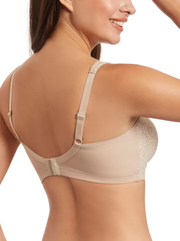 Costas do sutiã cor terra sem enchimento e sem aros, com fecho tradicional, alças ajustáveis e laterais largas para suporte e conforto total.