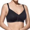 Sutiã de algodão preto, sem aros nem enchimento, com fecho frontal acessível e alças ajustáveis para conforto diário e inclusão.