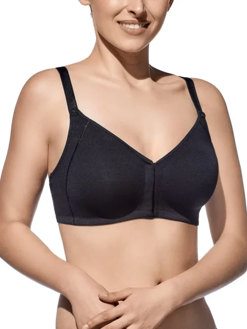 Sutiã de algodão preto, sem aros nem enchimento, com fecho frontal acessível e alças ajustáveis para conforto diário e inclusão.