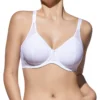 Sutiã redutor branco com aros, sem enchimento, com inserções em tule, alças ajustáveis e fecho traseiro para máximo conforto e suporte.