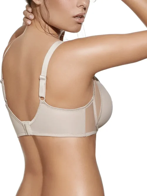 Vista traseira de sutiã redutor cor terra, com aros, sem enchimento, inserções em tule e alças ajustáveis para maior conforto e suporte.