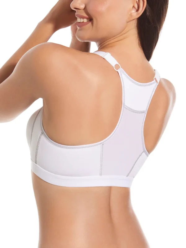 Vista traseira de sutiã desportivo branco, costas olímpicas, sem aros e com alças ajustáveis que oferecem estabilidade e liberdade de movimentos.
