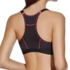 Costas de sutiã desportivo preto com pespontos vermelhos, costas olímpicas e alças ajustáveis, ideal para suporte firme e liberdade total.