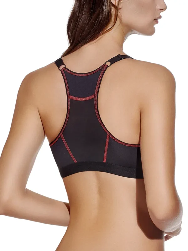 Costas de sutiã desportivo preto com pespontos vermelhos, costas olímpicas e alças ajustáveis, ideal para suporte firme e liberdade total.