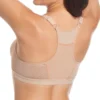 Vista posterior de sutiã desportivo cor terra, costas olímpicas, sem aros, com alças ajustáveis e costuras contrastantes para suporte confortável.