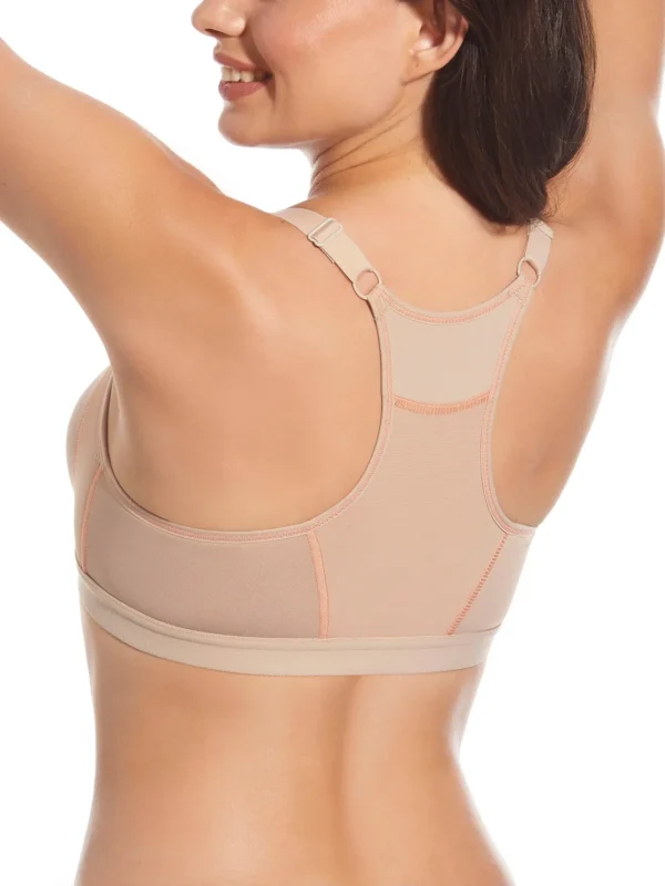 Vista posterior de sutiã desportivo cor terra, costas olímpicas, sem aros, com alças ajustáveis e costuras contrastantes para suporte confortável.