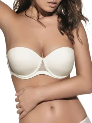 Sutiã marfim sem alças com enchimento e aros, detalhe em tule no centro e fecho traseiro, ideal para visuais versáteis e elegantes.