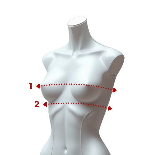 Ilustração de manequim feminino com linhas de medição do busto e abaixo do busto para escolha correta do tamanho de sutiã.