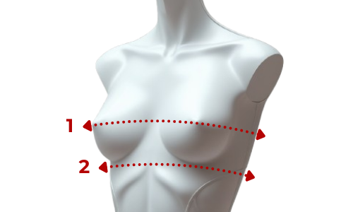 Ilustração de manequim feminino com linhas de medição do busto e abaixo do busto para escolha correta do tamanho de sutiã.